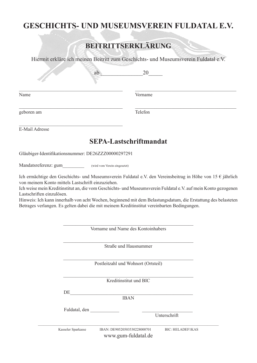 Vorschau der leeren Beitrittserklärung mit SEPA-Lastschriftmandat
